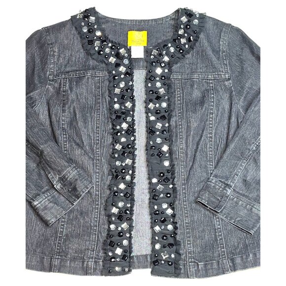 Ruby Rd. Petite Beaded Embellished Denim Jean Jacket 4P Bling Cowgirl - Picture 2 of 6